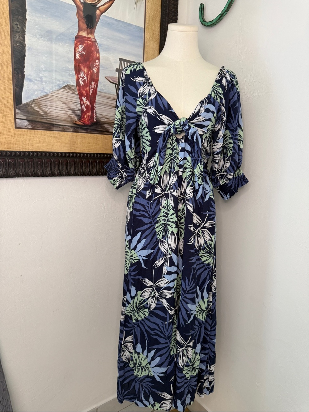 Roxy Navy Blue Green Floral Maxi Dress